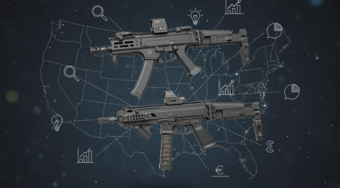 Two U.S. pistol caliber carbines over a U.S. map with charts and symbols, for U.S. Pistol Caliber Carbine Market Analysis.