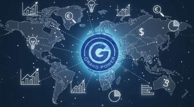 Grand Power logo over a world map with financial and idea icons, representing their global market reach.