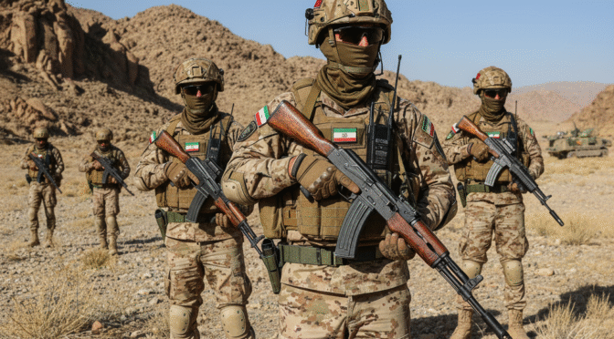 Iranian soldiers in desert camouflage, armed with rifles. Possible members of the 65th NOHED Brigade.
