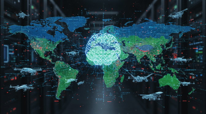Global map with AI brain overlay, drones, and server room, illustrating military AI capabilities.