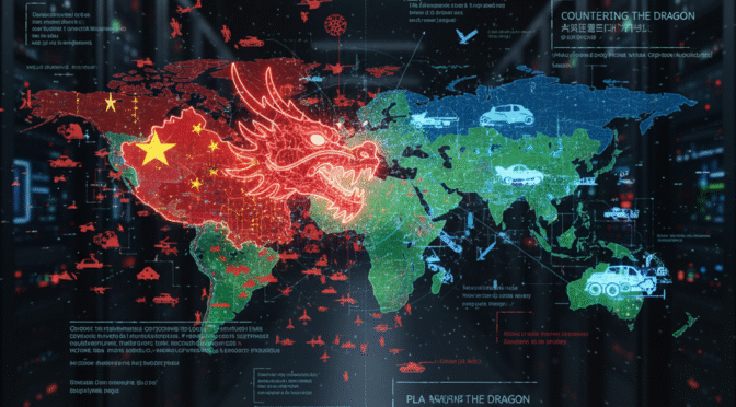 World map overlay with a dragon over China, illustrating PLA asymmetric land confrontation strategies.