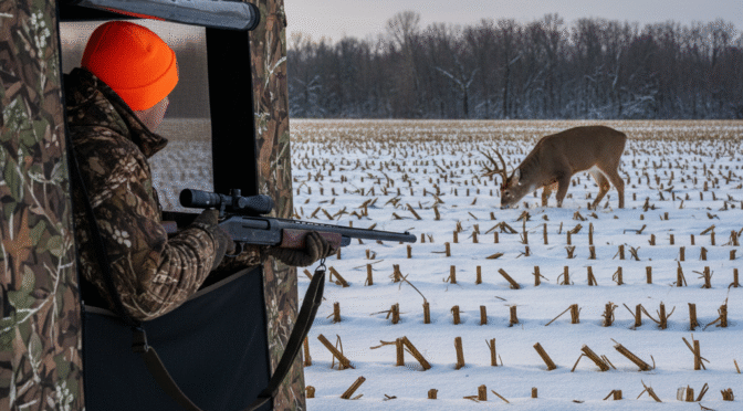 Hunter in blind aims rifle at whitetail deer in snowy field.