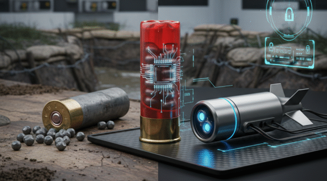Tactical shotgun load evolution: from standard shells and pellets to smart munitions with targeting HUDs.