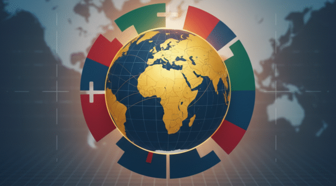 BRICS+ world map. Globe encircled by flags, representing international cooperation and global power.