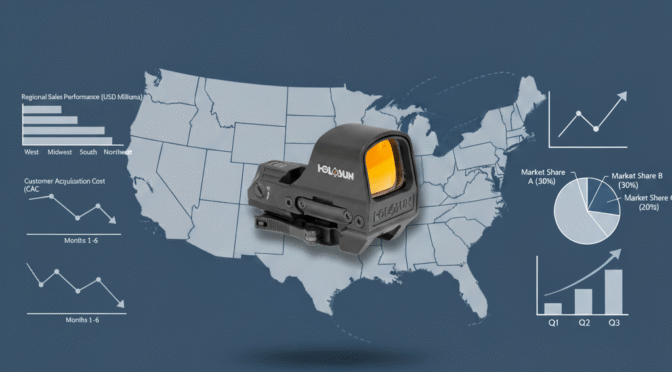 Holosun optic over a US map showing market data for the 1x Red & Green Dot Rifle Optic Market.
