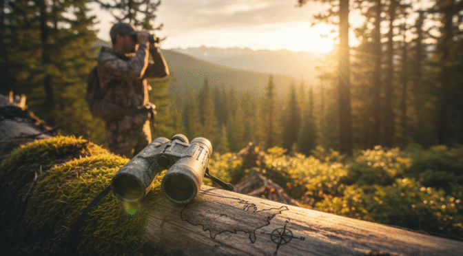 Hunter using binoculars in a forest at sunset, with binoculars on a log in the foreground.