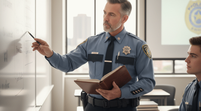 Police instructor teaching recruits in a classroom setting, part of foundational lessons for modern police recruits.