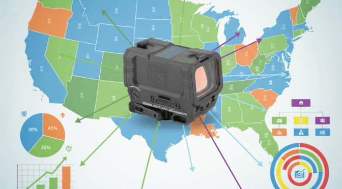 Red dot sight over a US map with data charts, illustrating performance analysis for rifle optics in Q4 2025.