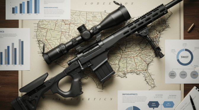 Precision rifle on a map of the USA with market analysis infographics.