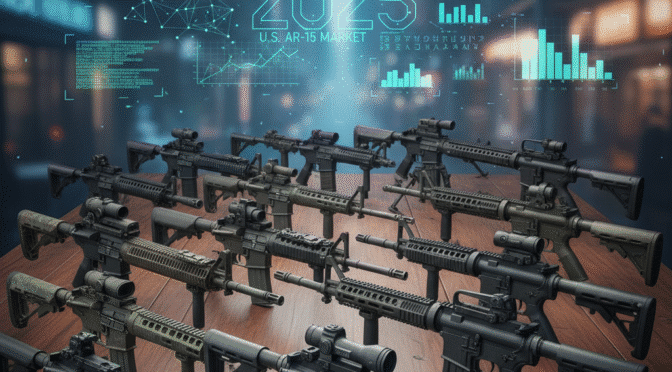 AR-15 rifles displayed with "2025 U.S. AR-15 Market" graphic, illustrating market analysis for blog content.