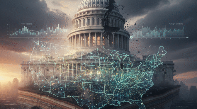 US Capitol dome cracks above the USA map, representing systemic fragility analysis.