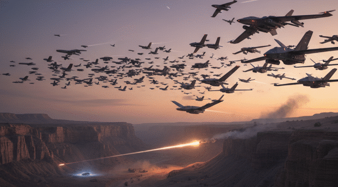 Drone swarm over desert canyon, missile launch. Unmanned leviathan concept for modern warfare strategies.