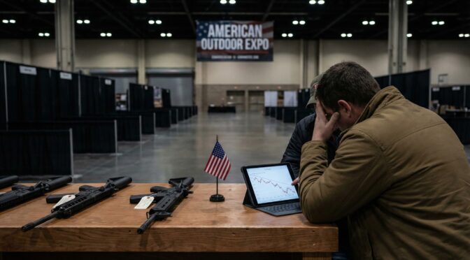 Rifles on display at the American Outdoor Expo, man analyzing a stock market graph.