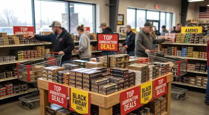 Customers shopping for ammunition deals on Black Friday 2025 at a gun store.