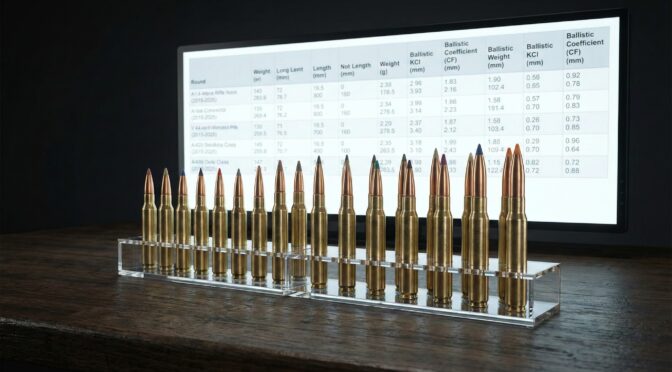 Rifle cartridges comparison: 2015-2025 innovations, showcasing varied sizes and ballistic data on a screen.