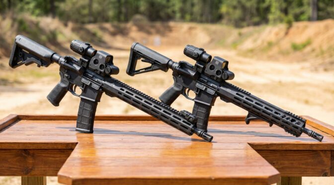Two AR-15 rifles with red dot sights on a wooden table.