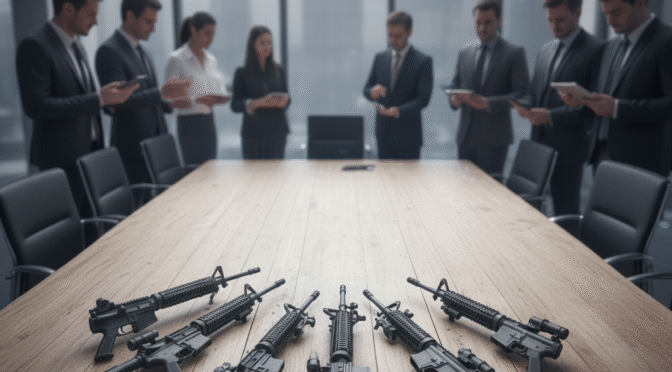 AR-15 rifles on a conference table with business people in the background.