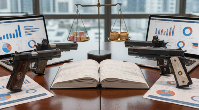 Tisas vs. Armscor 1911 pistols, scales of justice, market analysis.