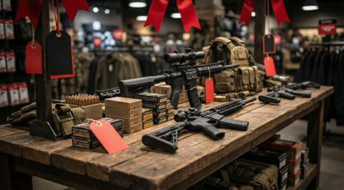 Guns, ammo, and gear displayed for sale at a gun store, possibly for Black Friday deals.