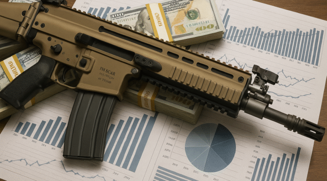 FN SCAR rifle atop stacks of U.S. currency and financial market analysis charts.