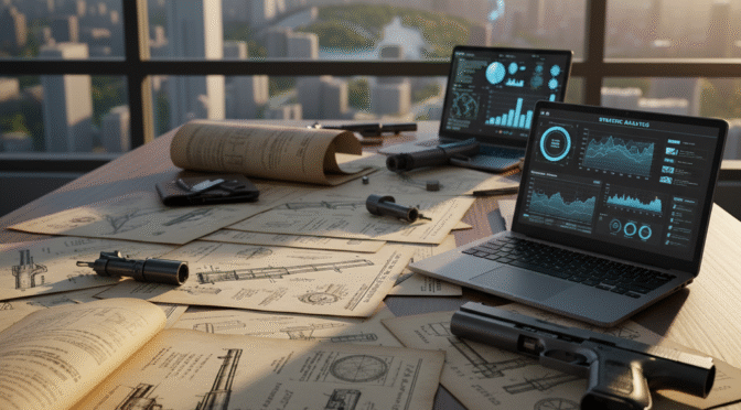 Firearm patents on a desk with laptops showing strategic analysis, city skyline background.