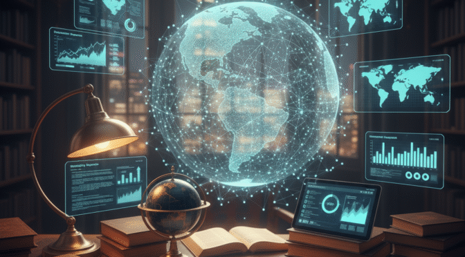 Desk with globe, books, and digital displays showing global data analytics. History and Socio-Political Reporting.