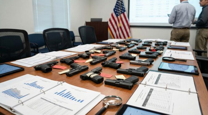 Table with pistols, charts, and an American flag. Problematic pistols in the US market.