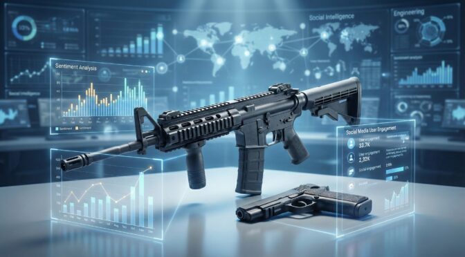 AR-15 and pistol displayed with data visualizations for Ronin Grips' small arms analysis.