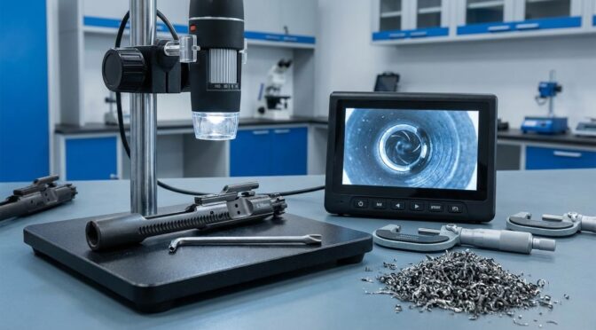 AR-15 bolt carrier group under microscope, quality control inspection.