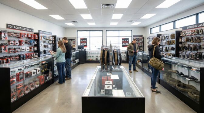 Customers browse firearm accessories at a gun store. Black Friday 2025 signage is visible.