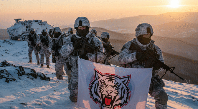 ROK 707th Special Mission Group soldiers on snowy mountain, holding White Tigers flag.