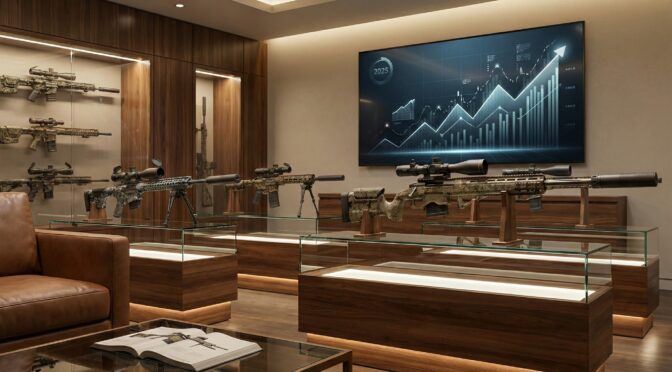 Rifle display room with gun presentation cases and a stock market chart for 2025 on a large screen.