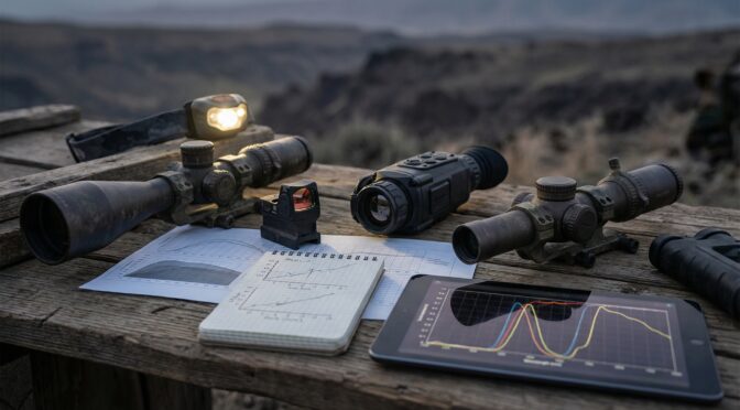 Small arms optics: rifle scopes, thermal monocular, red dot sight, headlamp, and analytics on a wooden table.