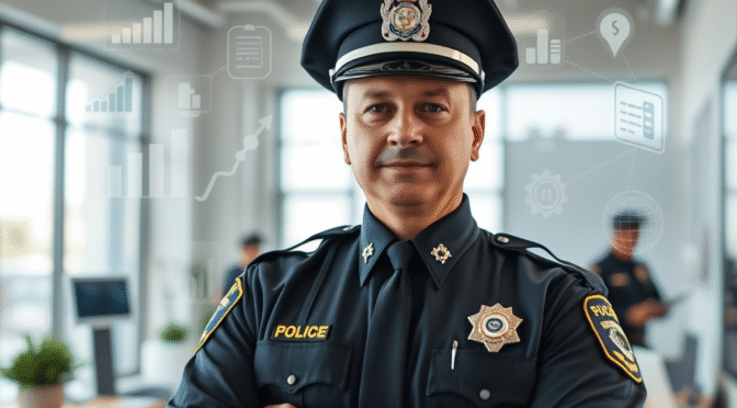 Police officer in uniform with arms crossed, standing in a modern office. "Police" visible on uniform.