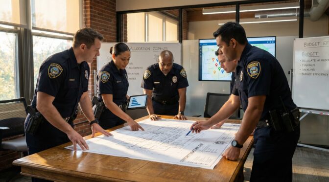 Police officers review blueprints in a meeting about budget efficiency.