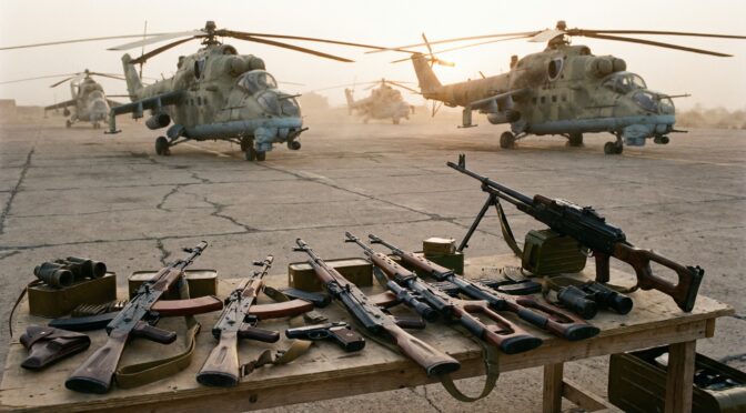 Soviet-era helicopters and AK-47s, Russian military equipment.