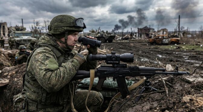 Russian soldier in trench using optics, with damaged buildings in background.