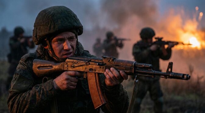 Russian soldier with AK-74 in combat, highlighting infantry challenges.