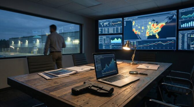 Data analysis room showing US map with heat spots, laptop, and handgun on wooden table.