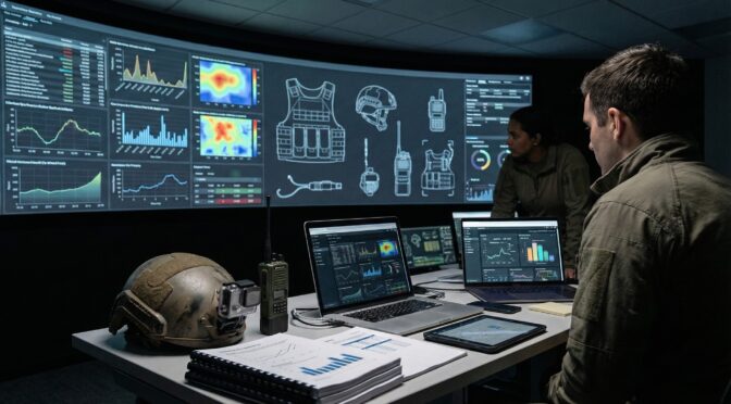 Tactical gear analytics displayed on a large screen with analysts reviewing data on laptops and reports.