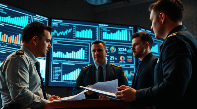 Law enforcement leaders analyzing data on screens, making strategic decisions based on frontline intelligence.