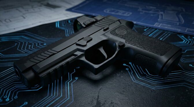 Sig Sauer P320 pistol with red dot sight, resting on a circuit board design.
