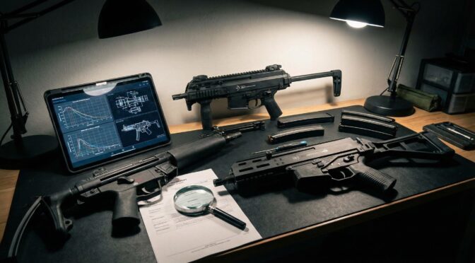 Submachine guns, PCCs, and a PDW lie on a desk with an iPad displaying analytics.