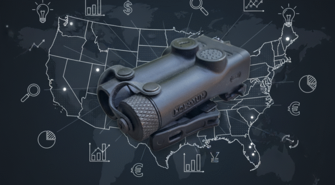 Holosun device over a US map with analytics icons. Firearms Accessories Analytics.