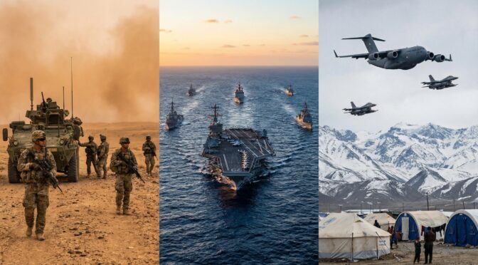 US military: Army in desert, Navy carrier group, Air Force jets over mountains. Military analytics reporting.