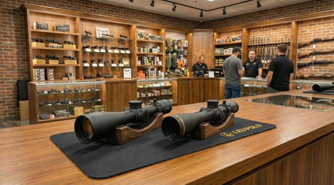 Leupold Mark 4HD and 5HD sitting by each other in a gun store
