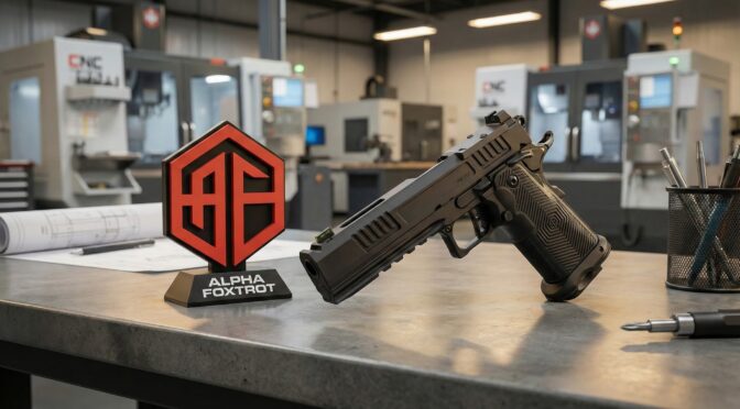 Alpha Foxtrot pistol on a workbench with CNC machines. Alpha Foxtrot logo visible.
