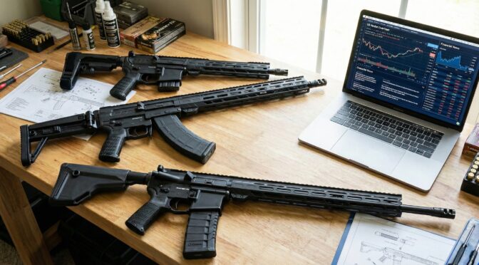 CMMG firearms on a desk with a laptop displaying financial market data. Strategic engineering and market analysis.