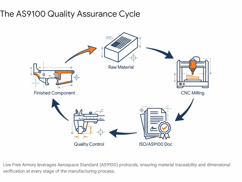 AS9100 Quality Assurance Cycle: Raw Material, CNC Milling, ISO/AS9100 Doc, Quality Control, Finished Component.