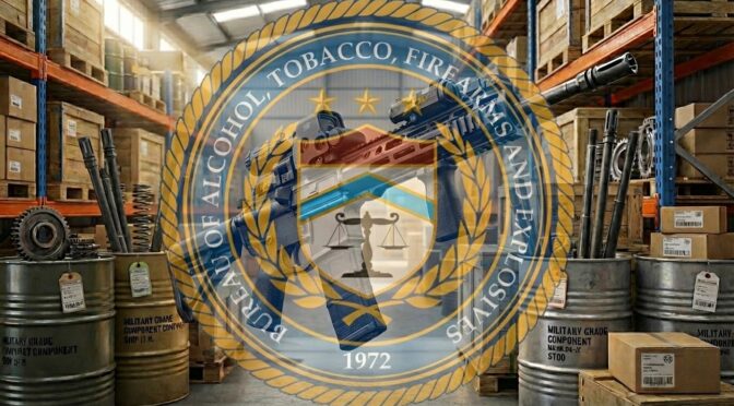 ATF logo overlaid on firearms and parts in a warehouse, relevant to US firearms imports.